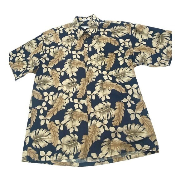 Pierre Cardin Hawaiian Palm Frond Shirt‎ 100% Cotton Black Tan Men’s Size Large - Picture 2 of 10